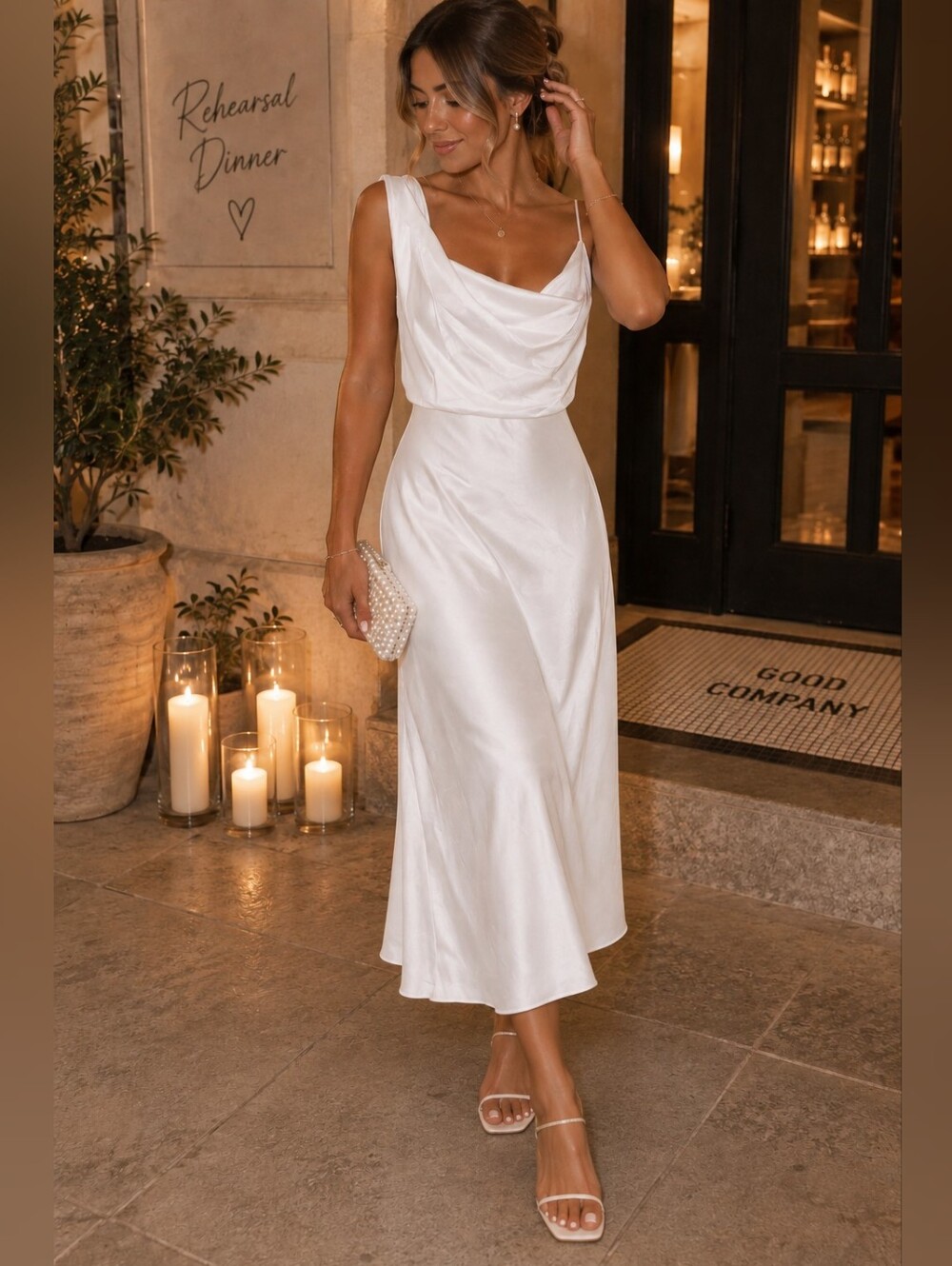 NWT BEOVR White Satin Cowl Neck Maxi Dress L Wedding Guest Bridal Formal Quiet L